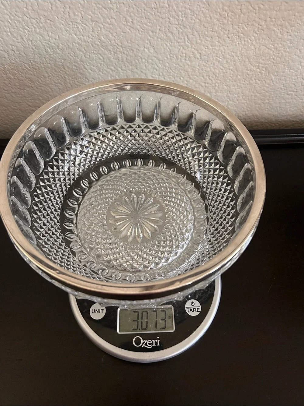 Vintage Teardrop and Diamond Point Pressed Glass Serving Bowl with Silver-Plated